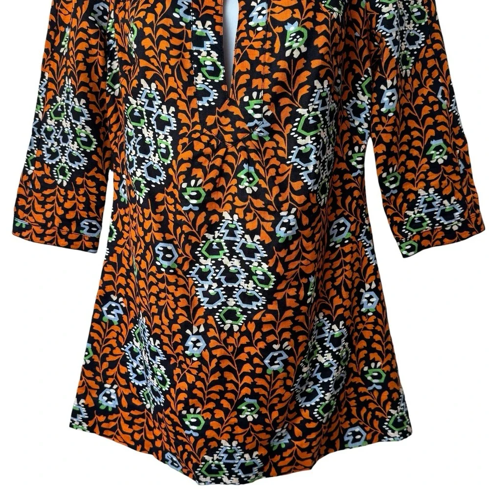 Tory Burch 100% Linen Multicolor Geometric Floral Tunic‎ Blouse Resort Coastal 4